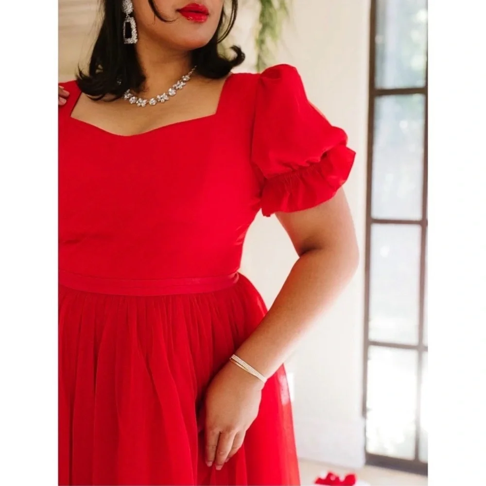 Ivy City Co. Ballerina Midi Dress in Red Size 3X Tulle Puff Sleeve Fit & Flare